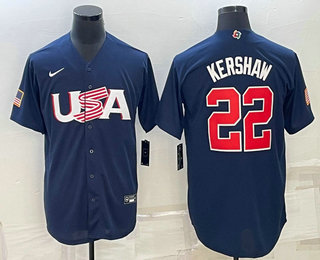 Men%27s USA Baseball #22 Clayton Kershaw 2023 Navy World Baseball Classic Stitched Jersey